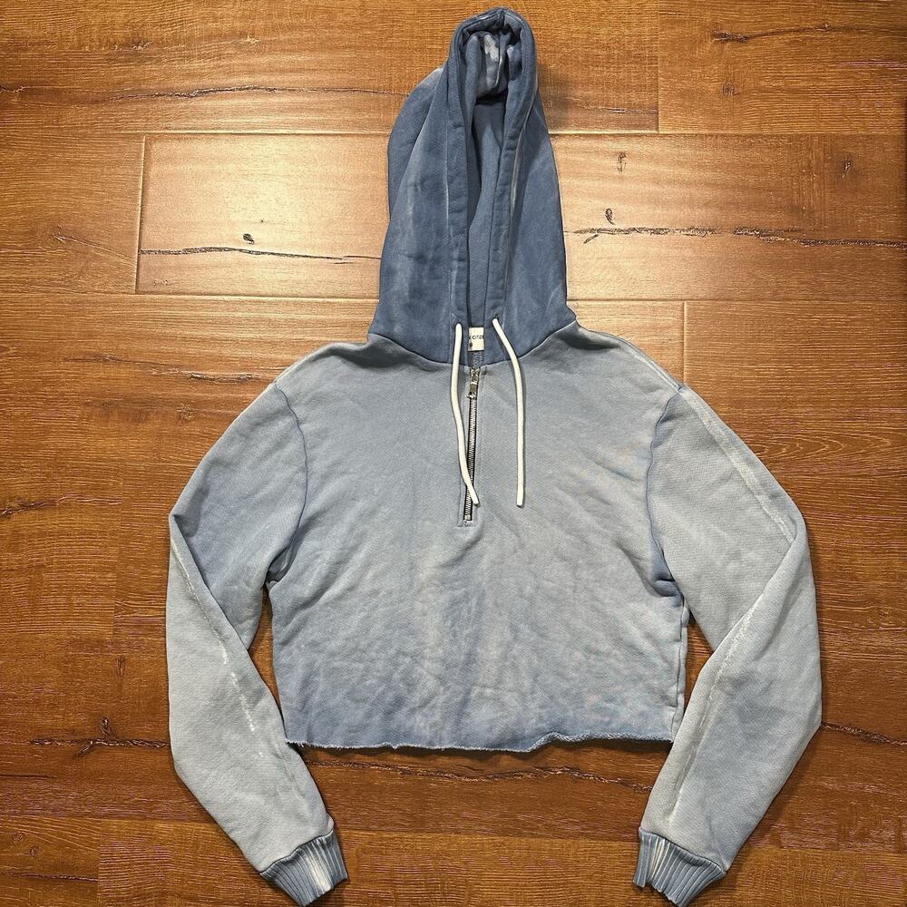 Cotton Citizen Crop Hoodie Sweater Womens M Blue Acid Wash 1/4 Zip Made In USA